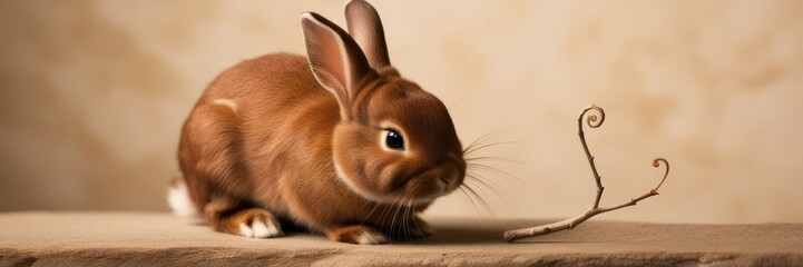 Obraz premium Brown rabbit on retro earthy background. Symbol of easter festival animal. Copy space for text banner