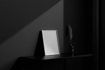 Minimalist interior design showcase in monochrome with empty frame and delicate vase in soft afternoon light