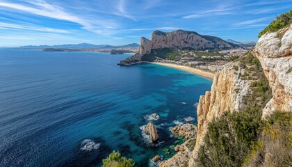 Fototapeta premium Stunning Coastal Clifftop View Turquoise Sea Sandy Beach Rugged Cliffs