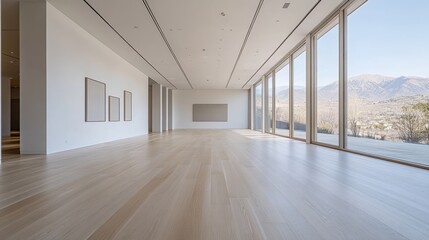 Obraz premium Spacious modern art gallery with large windows and mountain view