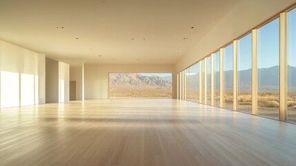 Fototapeta premium Spacious modern interior with panoramic desert mountain views