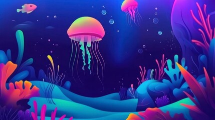 Enthralling Underwater Realm: A Vibrant Neon Coral Reef and Jellyfish Scene