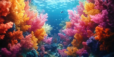 Fototapeta premium Vibrant coral reef teeming with life underwater near a tropical coast during daylight hours