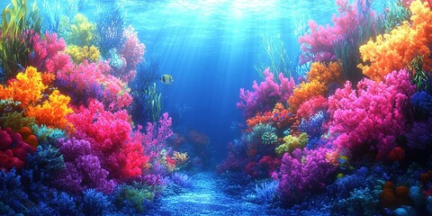 Naklejka premium Vibrant coral reef teeming with marine life under the sunlit ocean surface
