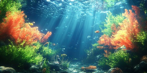 Fototapeta premium Colorful underwater coral reef teeming with diverse marine life illuminated by sunlight