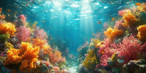 Fototapeta premium Vibrant coral reef ecosystem teeming with marine life and colorful corals in crystal-clear waters