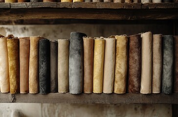 Vintage leather-bound books on wooden shelves in a rustic library