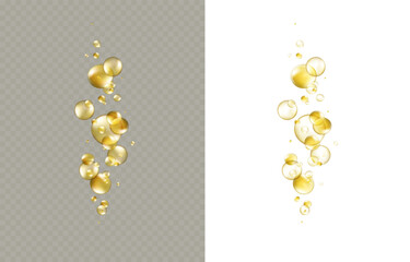 Gold bubbles isolated on transparent and white background. Cosmetic vitamin capsule balls or oil pills. Vector golden 3d serum collagen essence