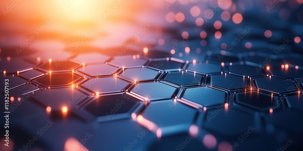 Poster close-up view of illuminated hexagonal patterns with glowing edges in a dark environment during dusk
