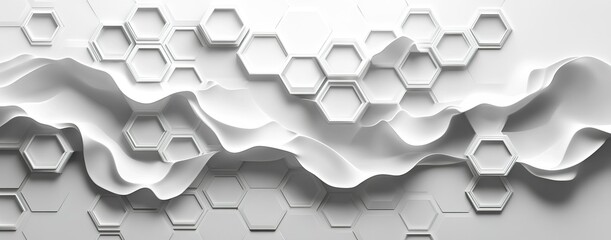 Abstract design with hexagonal patterns and flowing shapes in a minimalistic style