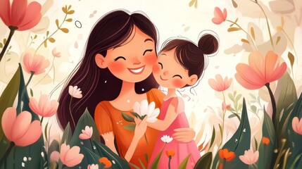 Fototapeta premium Asian mother and daughter smiling in a flower garden embracing nature and happiness