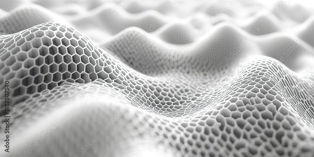 Poster patterns of white hexagonal shapes create a textured surface resembling waves in a modern design ele