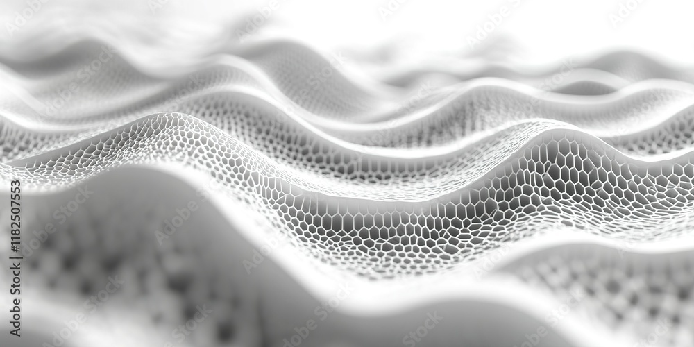 Poster intricate patterns of white waves showcasing textured surfaces and honeycomb structures in a softly 