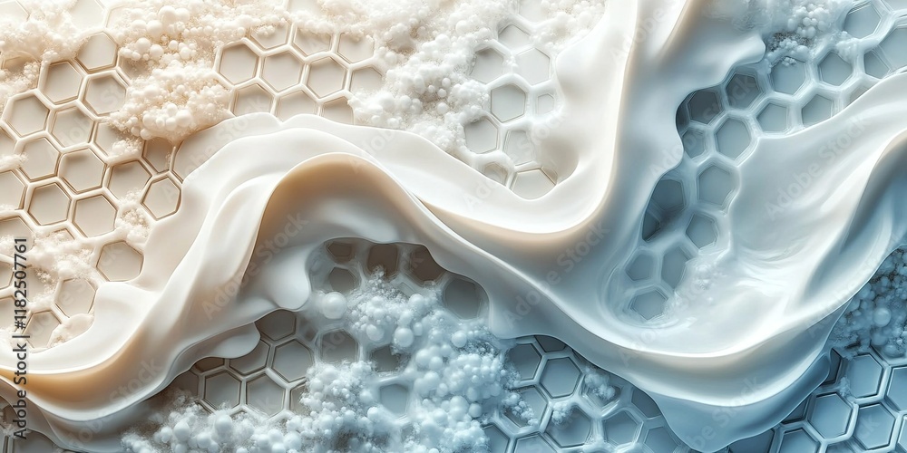 Poster abstract design featuring a textured surface with flowing white material and hexagonal patterns in s