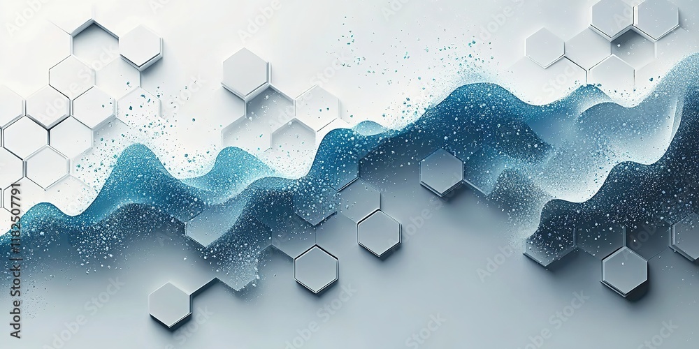 Poster abstract design featuring waves and hexagonal patterns with a modern aesthetic in cool tones and tex