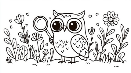 Fototapeta premium whimsical owl detective holding magnifying glass in garden
