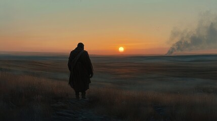 Solitary figure at sunset on vast plains