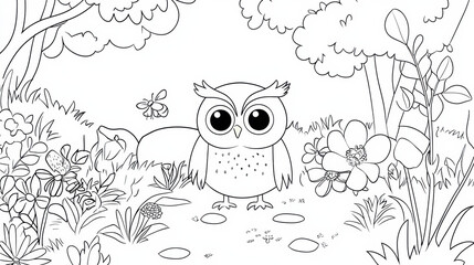 whimsical owl in garden surrounded by flowers and nature