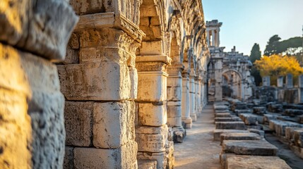 Ancient ruins colonnade, sunset, autumn leaves