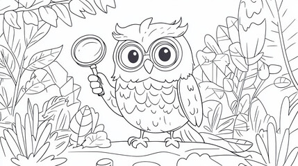 whimsical owl holding magnifying glass in lush garden scene