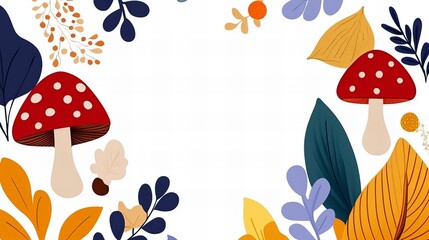 Autumnal illustration featuring vibrant mushrooms and leaves. Perfect for seasonal designs!