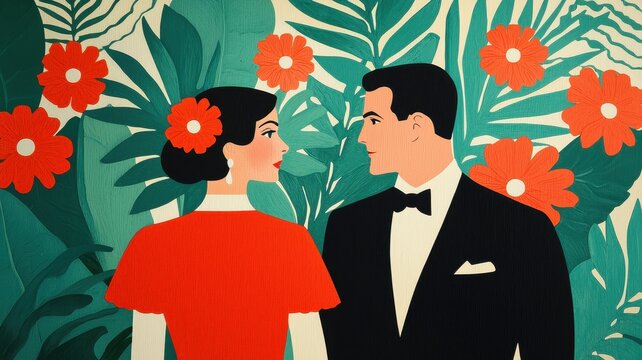 Art deco fashion flapper girl tropical setting graphic poster vibrant colors 20th century stylish design