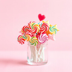llipops in a glass jar on a pastel pink background | generative AI