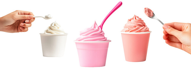 Set of Pink frozen yogurt in a pink cup with a spoon held by a hand isolated on white background. Concept of sweet dessert and refreshment