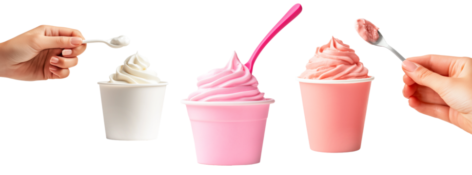 Set of Pink frozen yogurt in a pink cup with a spoon held by a hand isolated on white background. Concept of sweet dessert and refreshment
