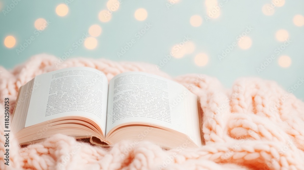Poster cozy winter reading an open book on a wool blanket with dreamy light flares
