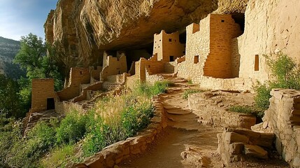 Ancient cliff dwellings, sunlight, mountain background, historical site, scenic landscape, possible use for educational material or tourism