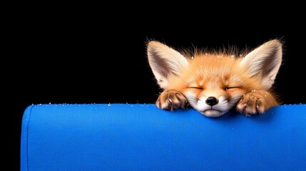 Obraz premium Adorable sleeping fox kit resting on blue surface against black background