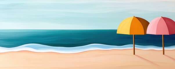 Art deco depiction of serene beach with parasols coastal landscape digital art tranquil environment vibrant viewpoint