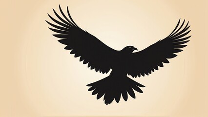 Fototapeta premium Powerful eagle in mid-flight, depicted as a black silhouette on a warm backdrop.