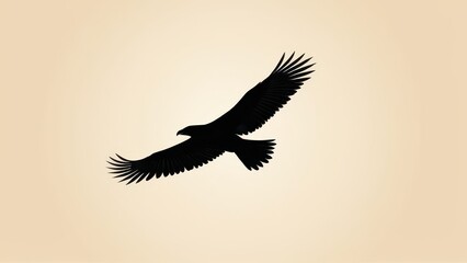 Fototapeta premium Powerful eagle in mid-flight, depicted as a black silhouette on a warm backdrop.