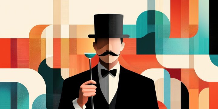 Sophisticated gentleman holding cocktail art deco style digital poster vibrant colors artistic concept for modern design