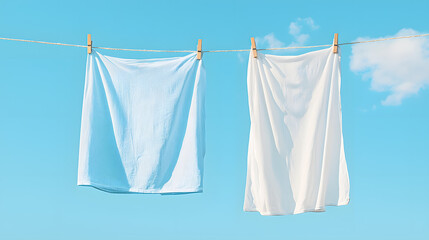Hanging bed sheets to dry in the wind with clothespins, 0n light blu sky background. Laundry