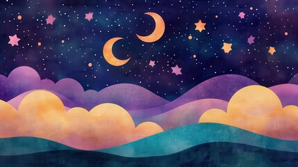 Serene starry night fantasy dreamlike landscape whimsical art ethereal environment artistic viewpoint nighttime aesthetics
