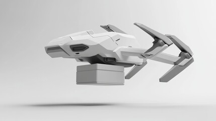 Futuristic white drone with claw arms hovering on light background