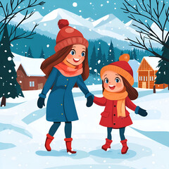 Happy mother with her daughter walking outside in winter. 