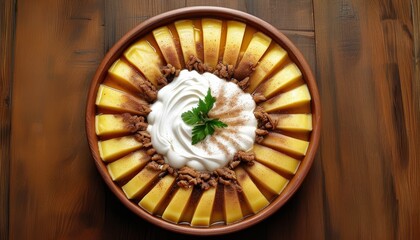Delicious Mexican Pan de Elote Bowl with Cream and Cinnamon on a Wooden Table