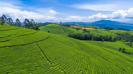 Fototapeta premium Aerial view of a picturesque tea plantation on a mountain in springtime