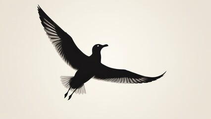Obraz premium Black silhouette of a seagull soaring with outstretched wings against a bright sky.
