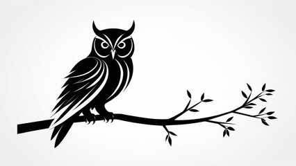 Fototapeta premium Black silhouette of an owl perched on a branch with leaves, perfect for wildlife art.