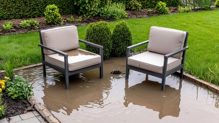 Home insurance damage and theft, Two patio chairs sit in a flooded garden, surrounded by greenery, illustrating the impact of heavy rainfall on outdoor spaces.