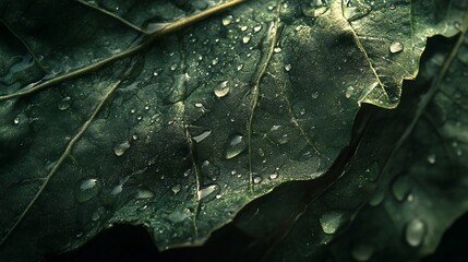 Fototapeta premium Close-up of dew drops on dark green leaves.