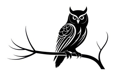 Obraz premium Owl perched on a branch, captured as a black silhouette on a white background.