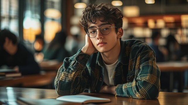 Young caucasian male teen in library wearing glasses and plaid shirt