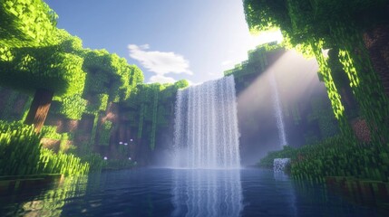 Sunlit waterfall cascading into a serene jungle pool.
