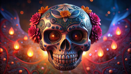 A vibrant sugar skull displays intricate designs and colorful flowers, glowing softly in a festive atmosphere, reflecting cultural traditions during a celebration at night